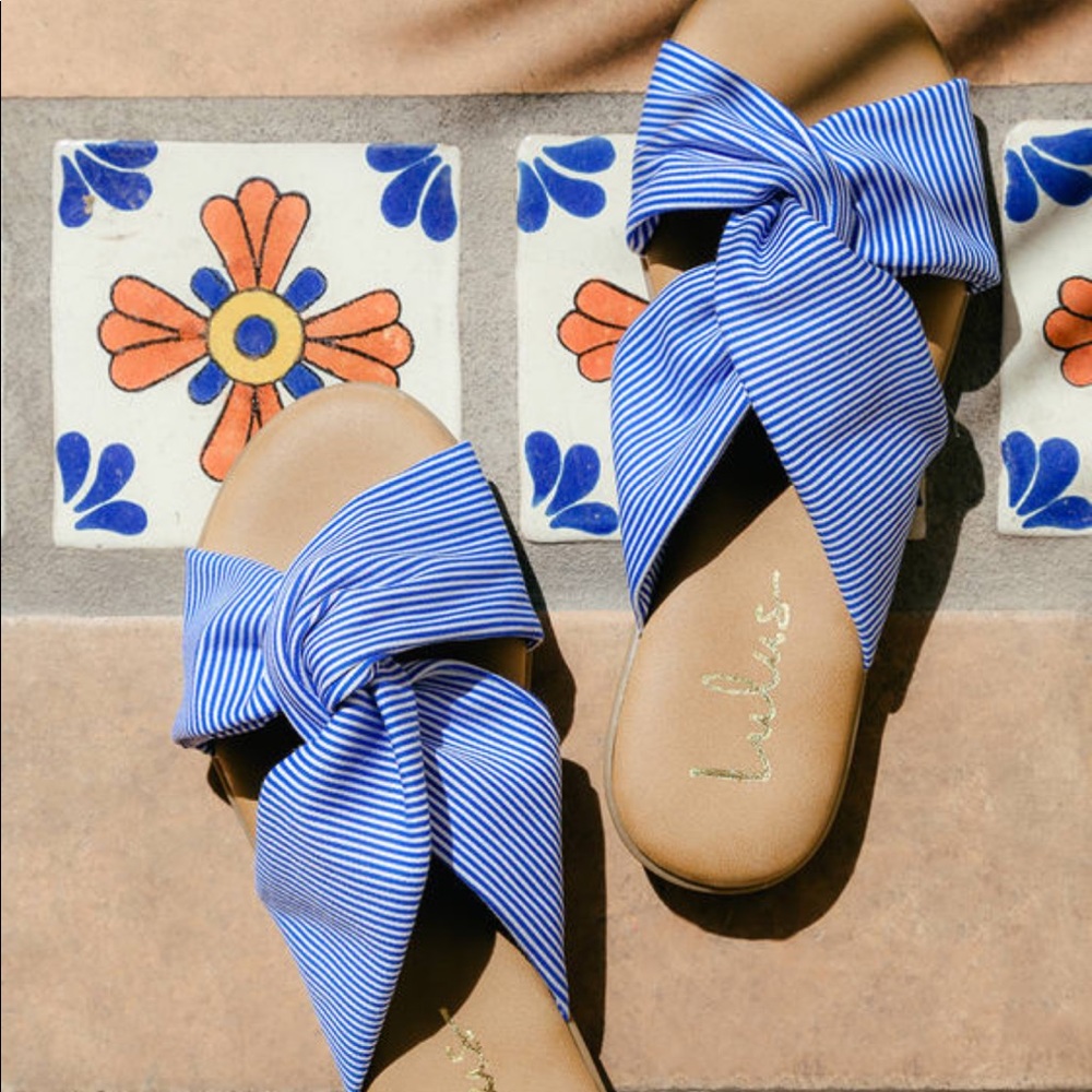Lulus Santana Blue Striped Slide Sandals